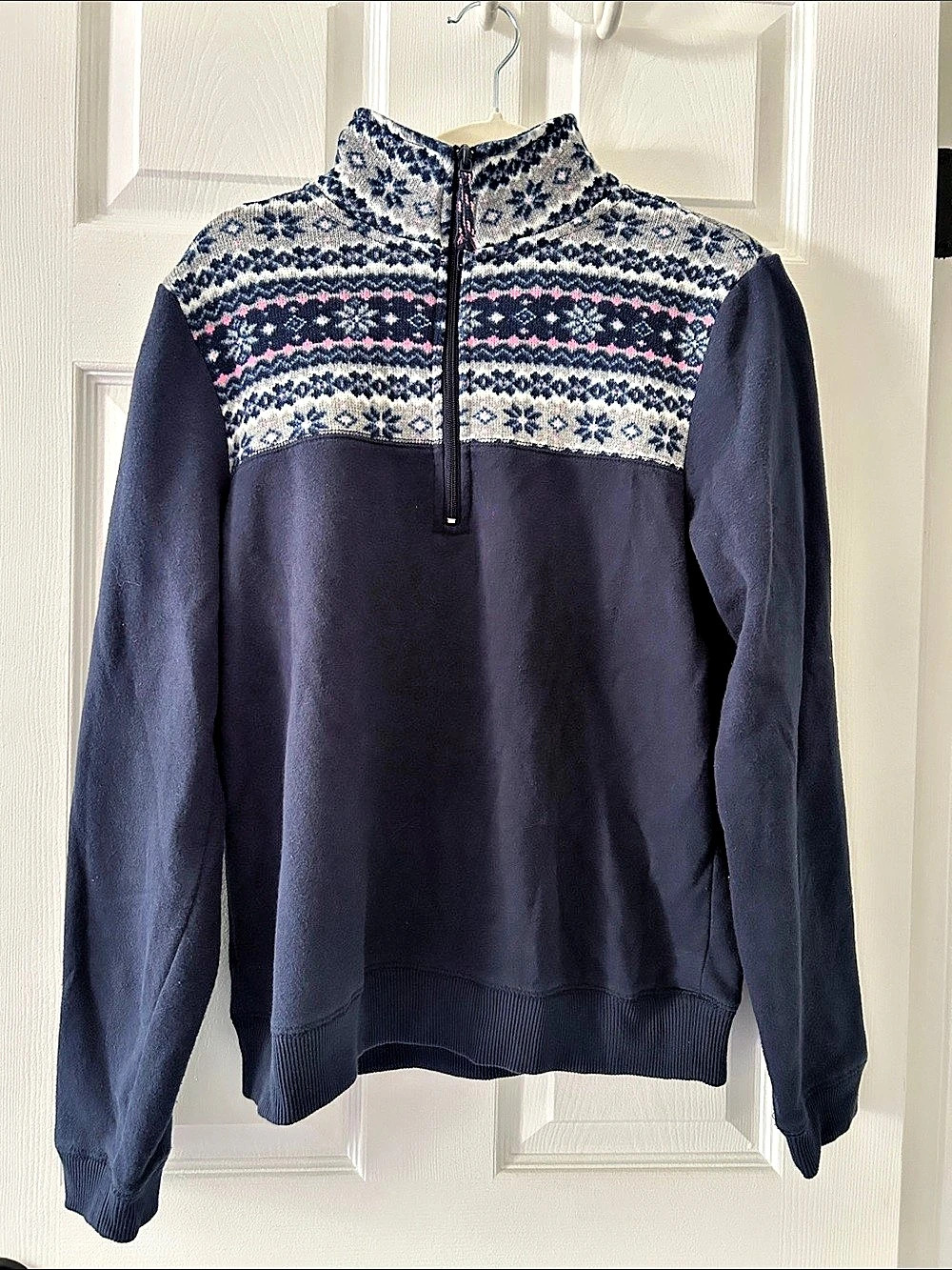 Fair Isle Quarter-Zip Pullover in Blue & Pink Size Large
